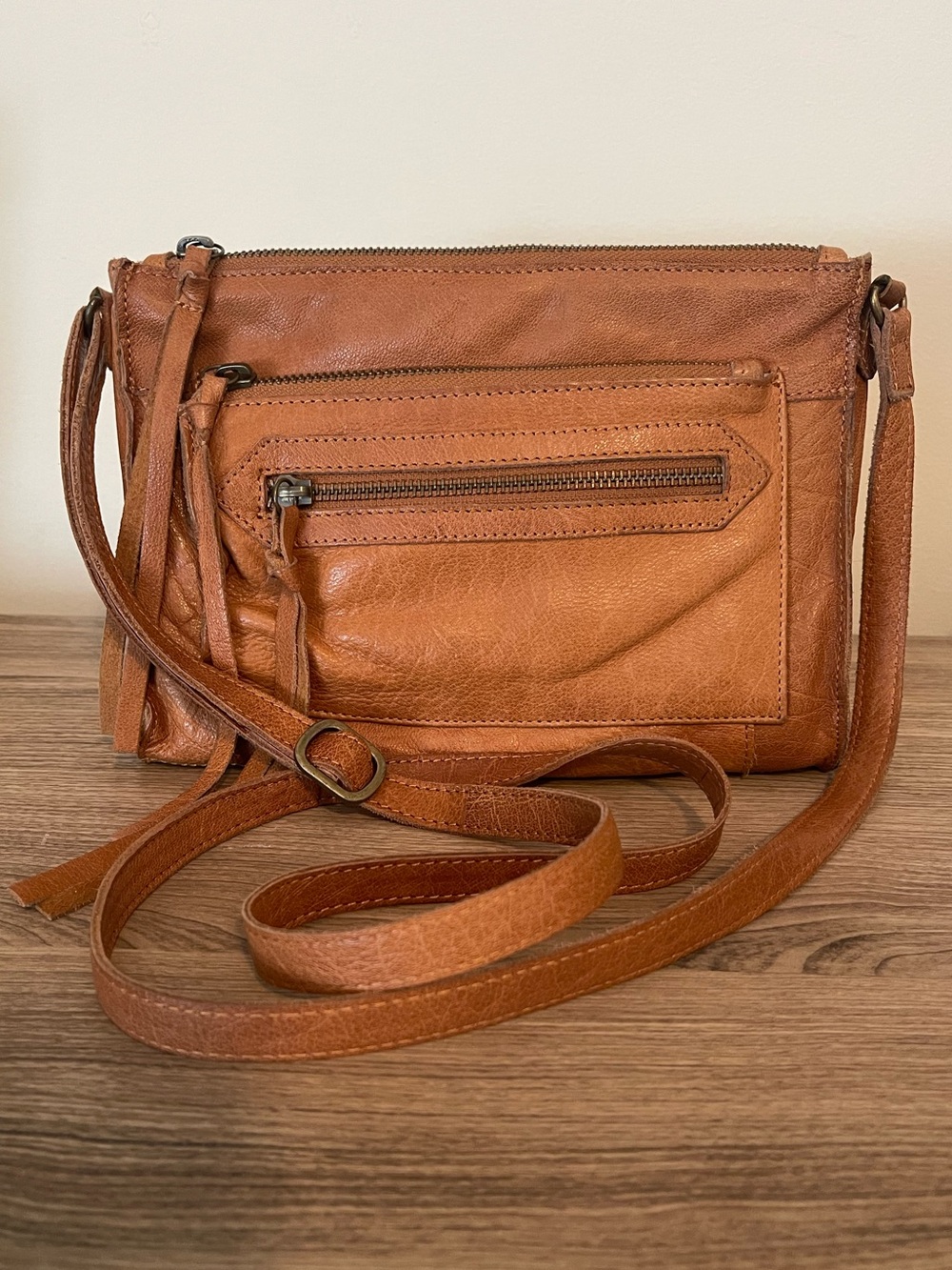 Everyday Cognac Leather Crossbody with Front Zip Pocket